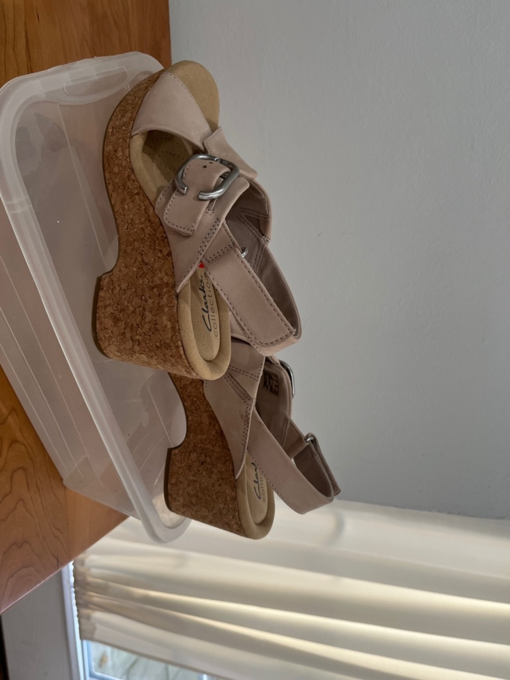 Clarks Light Beige Cork Wedge Sandals with Buckle
